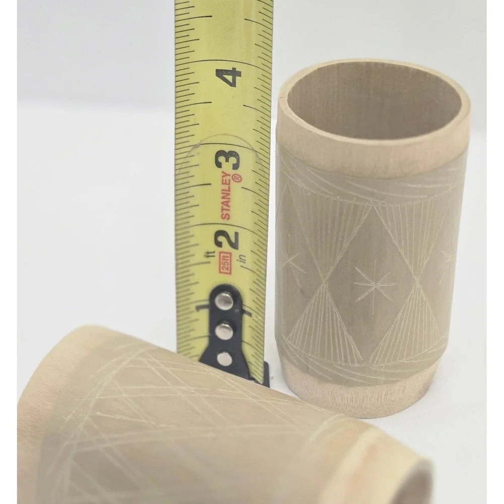 Two Vintage Jamaican‎ Hand Carved Bamboo Tiki Craft Cups Or Vases 4 Inches
